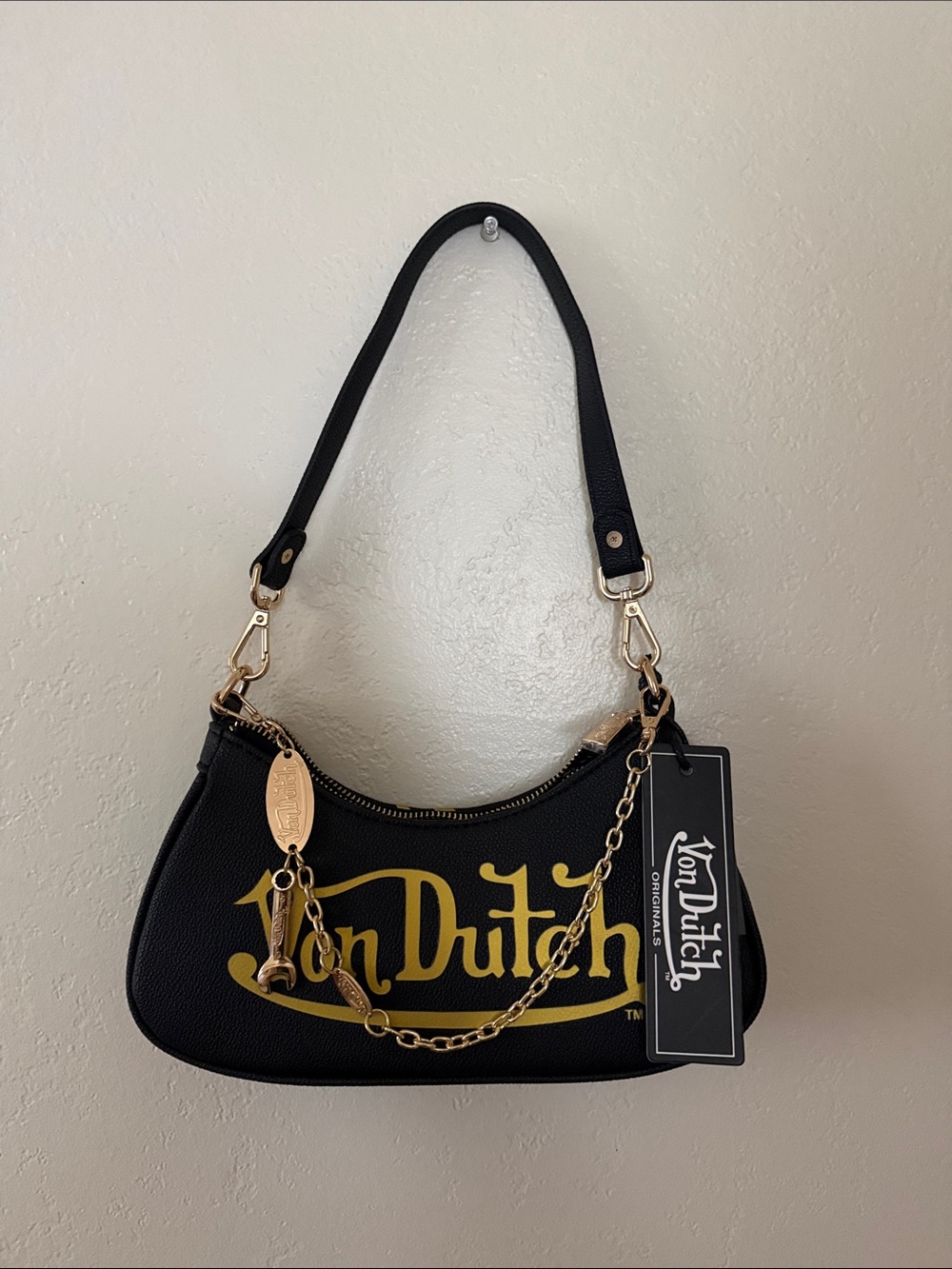 BRAND NEW never used black and gold von dutch shoulder bag